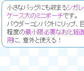 �����ȃo�b�O�ɂ����܂�V�K���b�g�P�[�X��̃~�j�|�[�`�ł��B�p�E�_�[�R���p�N�g�Ƀ��b�v�A�ږ���x�̍ŏ����K�v�Ȃ����ϒ����p�ɁA�ӊO�Ǝg����I