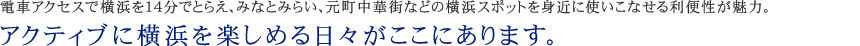 電車アクセスで横浜を14分でとらえ、みなとみらい、元町中華街などの横浜スポットを身近に使いこなせる利便性が魅力。
アクティブに横浜を楽しめる日々がここにあります。