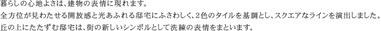 暮らしの心地よさは、建物の表情に現れます。全方位が見わたせる開放感と光あふれる邸宅にふさわしく、2色のタイルを基調とし、スクエアなラインを演出しました。丘の上にたたずむ邸宅は、街の新しいシンボルとして洗練の表情をまといます。