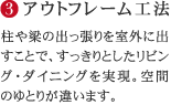 (3)アウトフレーム工法…柱や梁の出っ張りを室外に出すことで、すっきりとしたリビング・ダイニングを実現。空間のゆとりが違います。