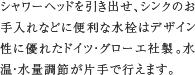 1.グローエ社製混合水栓　シャワーヘッドを引き出せ、シンクのお手入れなどに便利な水栓はデザイン性に優れたドイツ・グローエ社製。水温・水量調節が片手で行えます。
