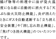 8.セーフティ機能付コンロ　揚げ物等の料理中に油が発火温度になる前に自動的に消火する「天ぷら油火災防止機能」、炎が消えたときにガスを自動遮断する「立ち消え安全装置」や「消し忘れ防止機能」、「焦げつき消火機能」のついたコンロです。
