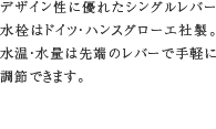 ハンスグローエ社製混合水栓　デザイン性に優れたシングルレバー水栓はドイツ・ハンスグローエ社製。水温・水量は先端のレバーで手軽に調節できます。