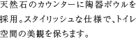 天然石手洗いカウンター　天然石のカウンターに陶器ボウルを採用。スタイリッシュな仕様で、トイレ空間の美観を保ちます。