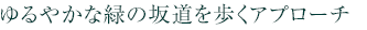 ゆるやかな緑の坂道を歩くアプローチ